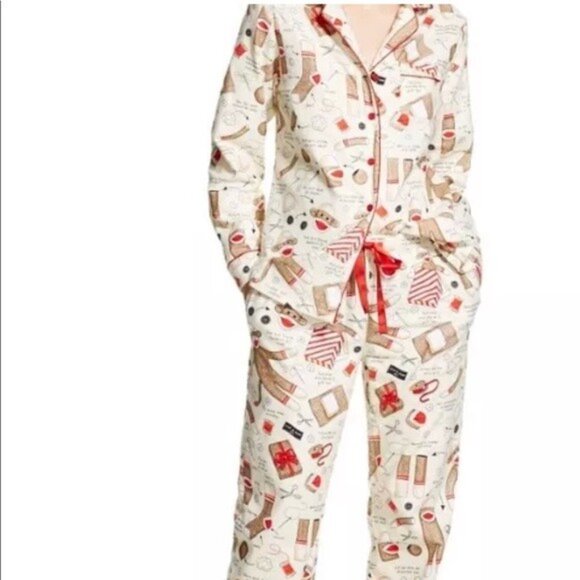 Nick & Nora How To Make A Sock Monkey Pajama SET Cotton Flannel Cream/Red L - Picture 1 of 8